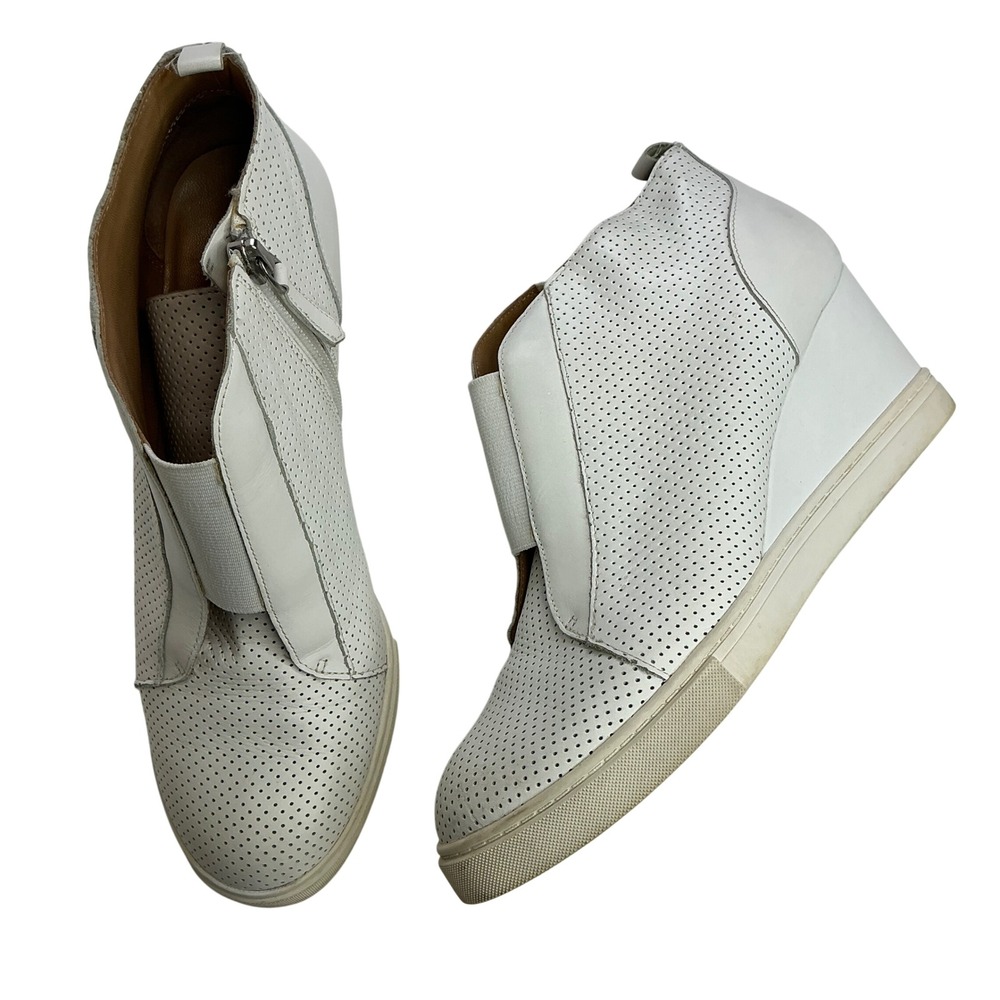 Linea Paolo White Wedge Sneaker Womens 8M Perforated Leather Zip Up